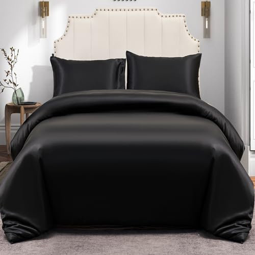 JHCHMX Satin Double Duvet Cover with 2 Pillowcases,Soft Luxury Silky Bedding Set With Zipper Closure- Cooling Duvet Cover Set Black Double