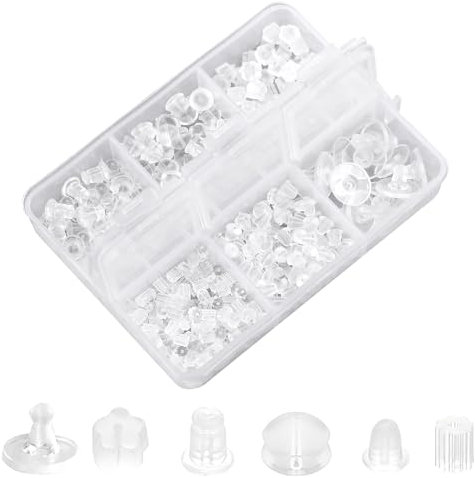 Lot de 550 fermoirs de boucles d'oreilles en silicone, 6 modèles transparents, dos de boucles d'oreilles souples, dos de sécurité avec boîte en plastique (6 styles)
