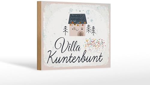 FEMER Holzschild Spruch Haus Villa Kunterbunt bunt 18x12 cm Dekoration