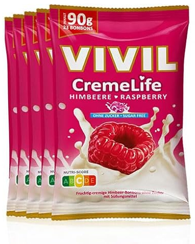 VIVIL Creme Life Himbeere, zuckerfreie Sahnebonbons, 5 x 90 g, glutenfrei | Cremiger Genuss mit echter Schlagsahne, Vorratspackung für Zuhause und Büro, Hergestellt in eigener Produktion in Deutschland