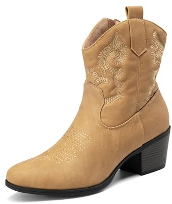 DREAM PAIRS Women's Western Cowboy Cowgirl Embroidered Ankle Boots Fashion Low Chunky Heel Round Toe Fall Short Booties Shoes,Size 5,Tan,SDAB2432W