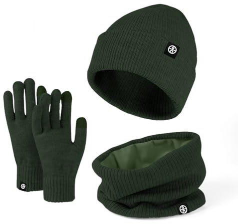 Enwokran 3 Stück Wintermütze Mütze Handschuhe Schal Set Thermo Strickmütze Elastischer Weiches Fleece Gebürstetes Innenfutter Schal Touchscreen Handschuhe Set für Kaltes Wetter (Armeegrün)