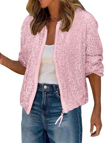 shownicer Paillettes Veste Femme Élégante Manches Longues Manteau Jacket Casual Zipper Party Blouson Bomber Veste Streetwear A Rose L