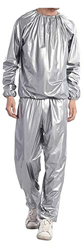 XUEBIN Herren PVC-Jogginganzug/Saunaanzug Sauna Effekt Anzug Lange Ärmel Fitness Jacke Bauchweg Thermo Shirt Abnehmen Training Korsett Schwitzeffekt Schwitzjacke Saunaanzug(Silver,L)