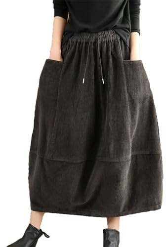 Suncolour Gonna Lunga in Velluto a Coste con Coulisse Invernale Ampia a Trapezio con Tasche da Donna