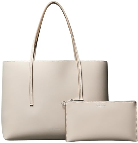 Calvin Klein Women’s Small Tote Bag with Detachable Bag, Off-White (Chateau/Desert Taupe), One Size