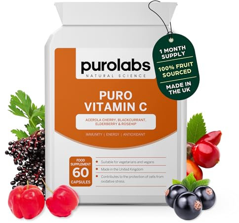 Purolabs Wholefood Vitamin C Supplement - Natural Complex from Acerola Cherry, Rosehip, Blackcurrant & Elderberry - High Strength Immune Support - 60 Capsules - Vegan