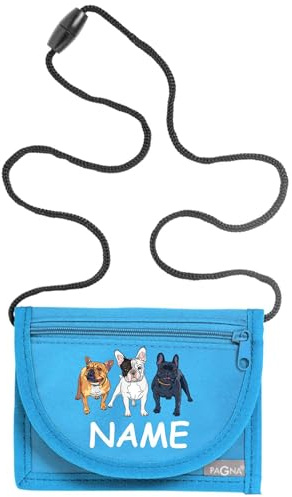 Kiwistar - Brustbeutel hellblau - Mops - 13 x 10 cm Geldbeutel zum umhängen - Geldbörse für Jungen & Mädchen mit Namen individuell personalisiert