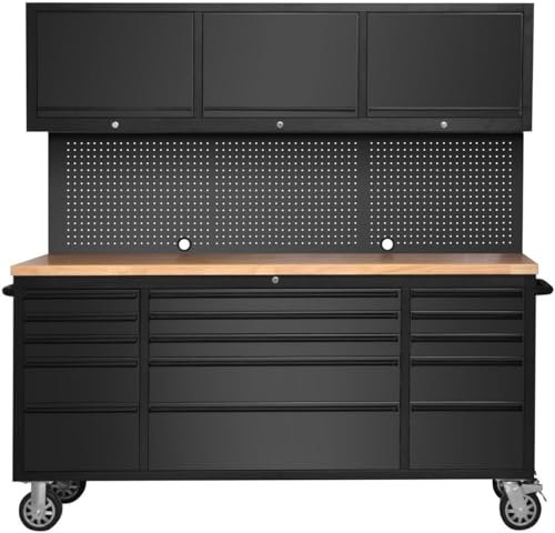 ZGSDTF Thickened 72-inch Toolbox with Wheels, Tool Cabinet with 15 Drawers, 3 Upper Cabinets, Hanging Board, ETL-Certified Power Plug Board, and Heavy Oak Worktop, All Lockable