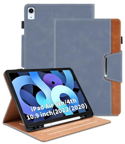 Coque Compatible avec iPad Air 5th/4th Generation 10.9 Pouces (2022/2020) Étui Housse en Cuir PU Tablette avec Fonction Réveil/Sommeil Automatique, Protection Magnétique, Porte-Stylo (Grise)