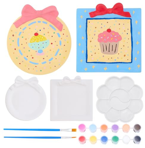 WEBEEDY 4 placas de arco de cerámica, 2 diseños, juego de pintura, sin pintar, lazo de cerámica blanca, redondo, cuadrado, diseño de helado, platos para adultos, principiantes, decoración del hogar