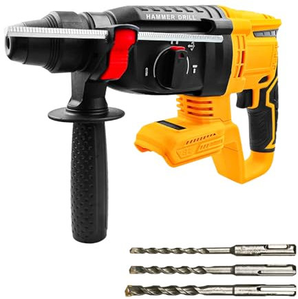 TALOEYH - Trapano a percussione rotante compatibile con batteria Dewalt da 18 V/20 V, 650 W resistente trapano elettrico senza fili con manico laterale girevole a 360°, 3 punte elicoidali (6/8/10 mm)