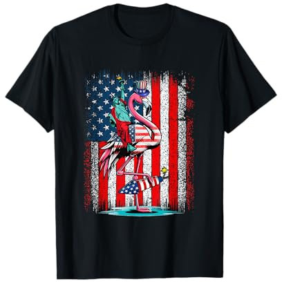 Liberty Statue Riding Flamingo 4th Of July US Flag Patriotic T-Shirt