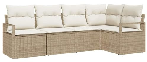 vidaXL Garten-Sofa-Set mit Kissen mit Speicher 5 pcs Beige und Creme, Garten und Terrasse, modernes modulares Outdoor-Sofa-Set, Eckcouch mit Stauraum, wetterfestes Möbelstück