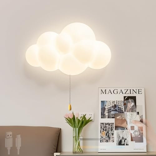 TZSMUM Wolken LED Kinderzimmer Wandleuchte mit Zugschnur Schalter Wandlampen Dimmbar mit Fernbedienung Wandbeleuchtung USB Aufladbar 2700K-6500K für Wohnzimmer Hotel Babyzimmer (B,Weiß)