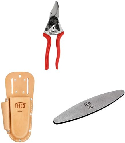 FELCO 16 Linkshänder-Gartenschere mit Lederholster 910+ und Schärfwerkzeug 903 – Kompaktes Set für kleine Hände, ideal für feine Gartenarbeiten