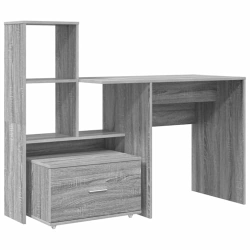 vidaXL Sonoma Grey Desk with Bookshelf 131.5 x 50 x 106.5 cm Modern Style Large Storage Space Flexible Arrangement Ideal Office Workstation Smooth Surface Secure Wall Mounted