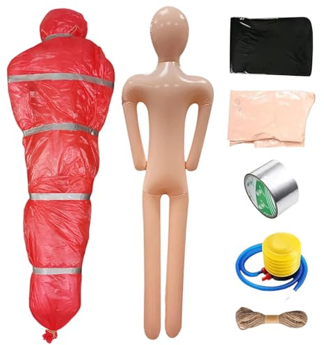 Halloween Leichensack Requisiten, Aufblasbare Hängende Leiche Deko, Schwarz Gruselige Deko Outdoor, Totes Opfer Requisiten, Garten Aufblasbar Gefälschte Leiche für Tote Opfer Spukhaus (Rot)