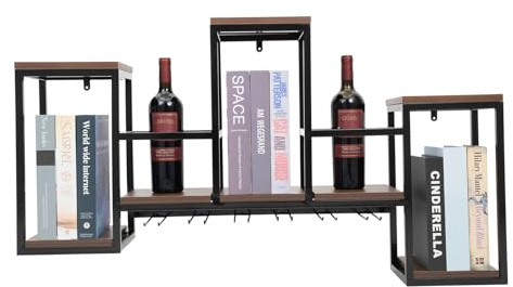 Scaffale da parete in legno e metallo, multifunzione, per bottiglie di vino, industriale, da parete, vintage, da parete, in legno, con 5 portabicchieri per casa, bar, ristorante, cucina