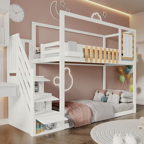 ECLIVON Litera Cama Infantil 90x200 con Escalera de Almacenamiento, Blanco