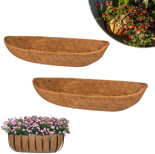 Hoxgar 2PCS Hanging Basket Liners, 24 Inch Coco Coir Trough Planter Liner, Replacement Coconut Liners for Wall-mounted Planter, Window Box, Hanging Trough Flower Basket