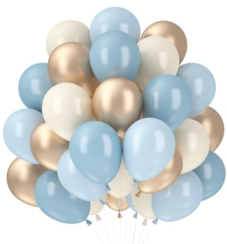 Luftballons Blau Beige, 60 Stück Luftballons Geburtstag Blau Gold Sand Weiss, Ballons Blaue, Luftballon Hellblau Beige, Latex Ballons Blau für Junge Geburtstagsdeko Hochzeit Taufe Baby Shower Deko