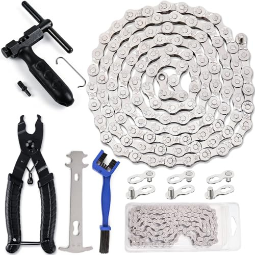 Bike Chain Tool Kit with 6/7/8 Speed Chain with Chain Breaker & Checker | PUYUKO Bicycle Repair Set for BMX, Mountain Bike Removal, Maintenance, Cleaning Set with Link Pliers (1/2×3/32, 116 Links)