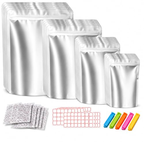 120PCS Mylar Bags with Oxygen Absorbers (50 x 500cc), for Food Storage 11 Mil Heavy Duty Stand-Up Zip Lock Resealable & Heat Sealable Bags, Airtight Smell Proof, 168 Labels & 15 Sealing Clips