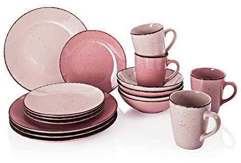 Weltbild Kaffee- und Tafelservice Geschirr Puro 16 teilig aus Feinsteinzeug spülmaschinen- und mikrowellengeeignet (Rose/zartrose)