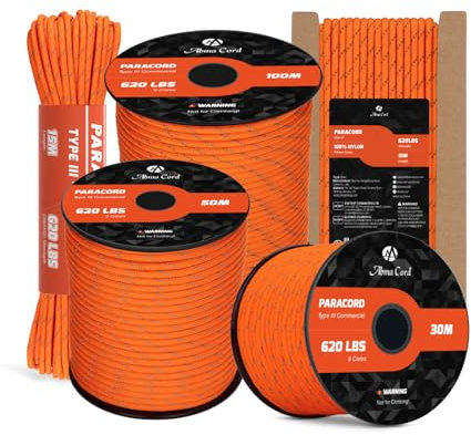 Abma Cord Paracorde 4mm 9 Brins 50m Corde en Nylon Type 3 Corde Parachute 620lbs - Max. 280 kg - Réfléchissante Orange