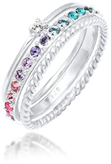 Elli Ring Damen Set Multi-Color Funkelnd mit Kristallen Bunt in 925 Sterling Silber vergoldet