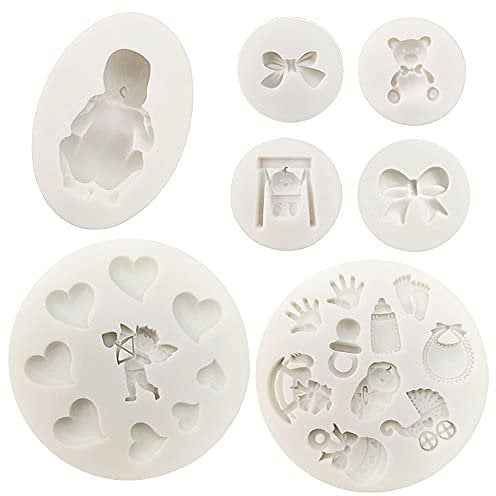 7 piezas Moldes de Silicona Pasta de Azúcar, VEINARDYL Tema de bebé durmiente 3D Artesanía de azúcar Decoración de pasteles Primero de la magdalena Proyectos de artesanía Molde de arcilla polimérica