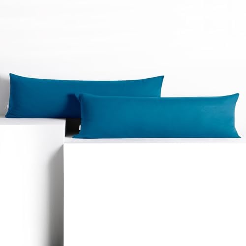 DecoKing 2 Kissenbezüge 40x200 cm Jersey 100% gekämmte Baumwolle Amber | Reißverschluss blau