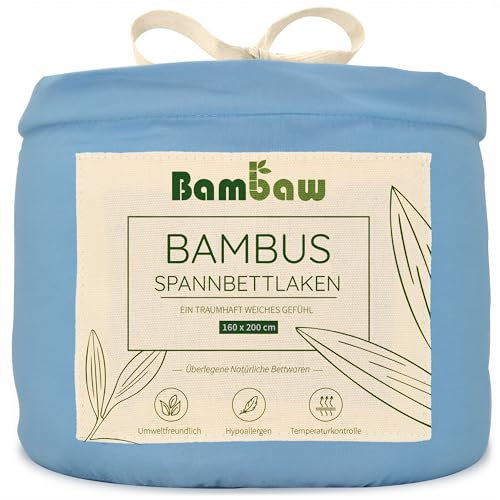 Bambaw Drap Housse 160 x 200 en Bambou, pour Matelas Épais Jusqu’à 35cm, Drap Housse Ultra Doux et Anti Acariens, Linge de Lit Bambou Refroidisseur, Linge de Lit Anti Transpiration (Bleu Clair)