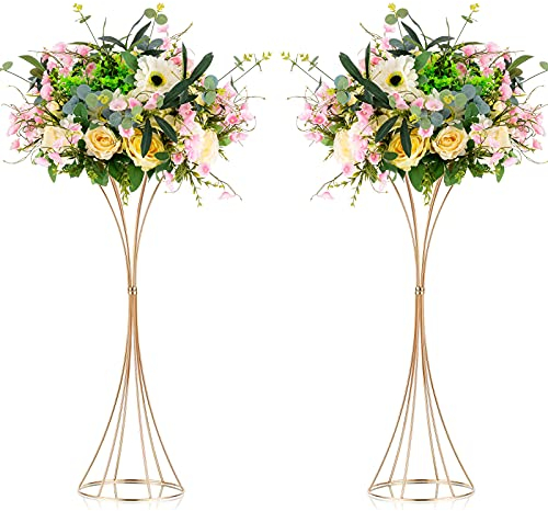 Nuptio 2 Stück Metallblume Trompete Vase 66cm Hoch Goldvase, Hochzeit Mittelstücke für Tische, Künstliche Anordnung Blumenständer für Jubiläumsfeier Geburtstagsereignis Gang Home Empfangsdekor