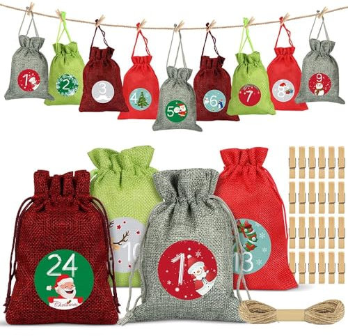 Sprinlot Adventskalender zum Befüllen Säckchen, 24 Weihnachtskalender Stoffbeutel, Adventskalender Säckchen Wiederverwendbar, Weihnachtskalender Jutesäckchen, Adventskalender Stoffsäckchen