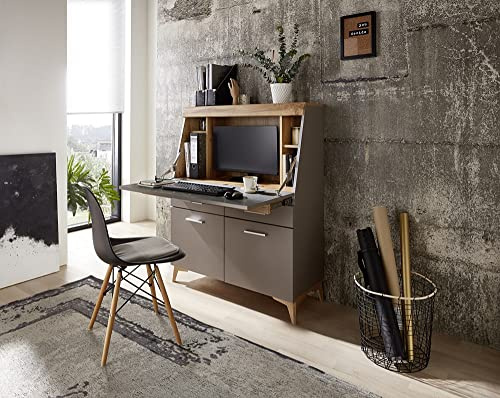 Sekretär SANTORIN Kommode 1 Klappe 98 cm breit Basalt / Eiche Altholz | Schreibkommode mit viel Stauraum & folierter Arbeitsplatte