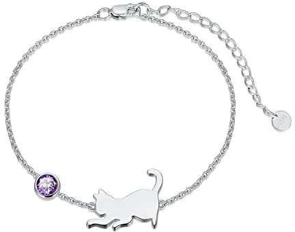 LONAGO Katze Armband 925 Sterling Silber Nette Katze mit Geburtsstein Armband Schmuck für Frauen (Februar-Lila)