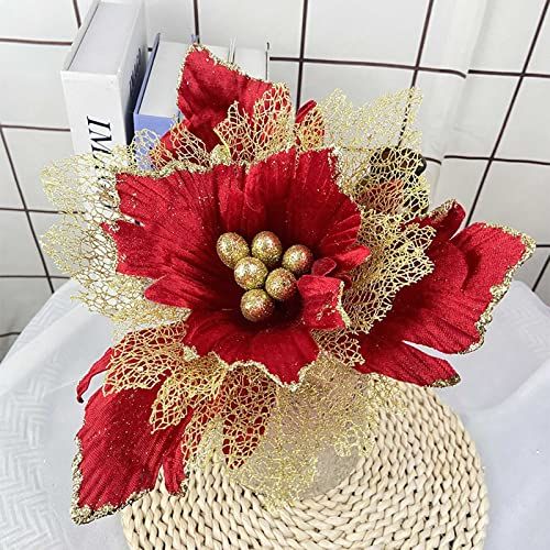 MISNODE 6 fiori artificiali di Natale con stella di Natale, 3 ripiani, 30 cm, grandi fiori finti glitterati, ghirlanda di Natale e albero di Natale, rosso