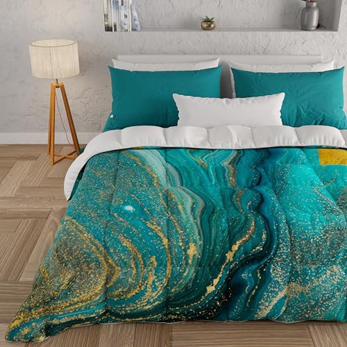 PETTI Artigiani Italiani - Trapunta Matrimoniale Invernale, Piumone Matrimoniale, Trapunta Double Face Tinta Unita e Stampa Digitale Marble Verde, Made in Italy
