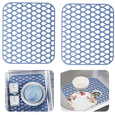 2 PCS Kitchen Sink Protector Mat, Silicone Non Slip Drainer Grid Mat Folding Heat Resistant Dish Drying Mats for Farmhouse Stainless Steel Sink (Blue)