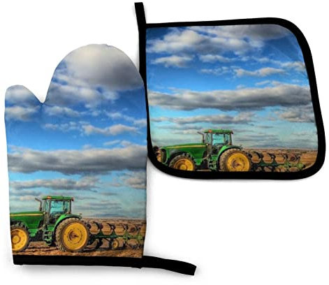 Lot de 2 Gants de Four et Porte-casseroles imprimés Tracteur de Ferme, Coussinets Chauds résistants, Gants de Cuisine pour Micro-Ondes, Barbecue, Cuisson, grillades, Lot de 2