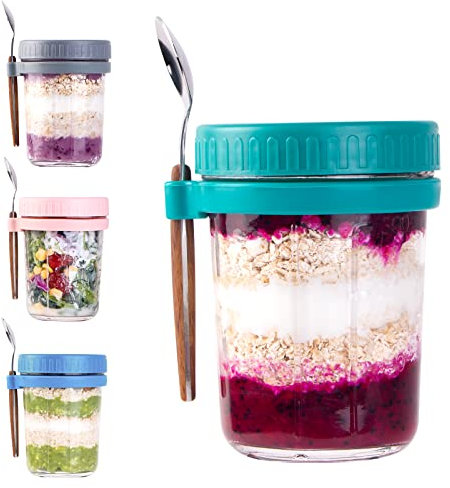 KITCHOP Haferflocken-Behälter mit Deckel und Löffel, 473 ml, Haferflocken-Behälter für Chia, Pudding, Joghurt, Salat, Müsli, Mahlzeiten, Vorbereitungsgläser (weiß, grau, lila, hellgrün, 4 Stück)