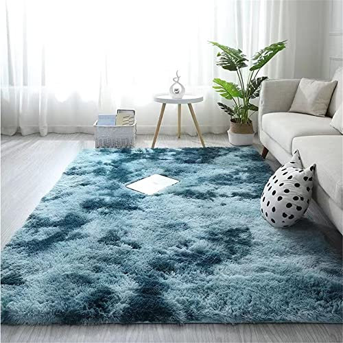 Hiseng Tie-dye Teppich Wohnzimmerteppich Langflor Weich Flauschig Teppiche Anti-Rutsch-Shaggy-Bereich für Wohnzimmer flauschig Shaggy Schlafzimmer Bettvorleger (160x200cm,Türkis)