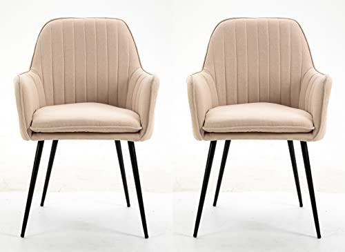 Hallowood Furniture Dining Chairs Set of 2, Light Brown Fabric Scandinavian Chair with Armrest & Sturdy Metal Legs in Black Finishing, Chairs for Dining Room, Kitchen, Restaurant & Cafe
