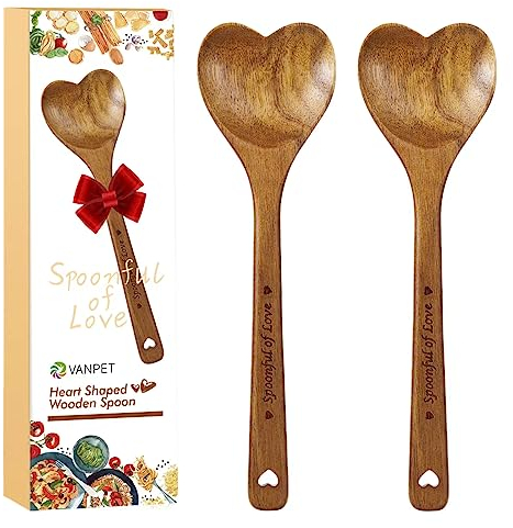 Wooden Heart Spoons - Heart Shaped Wooden Spoon Kitchenware for Cooking with Love, Unique Mother's Day Gifts for Cooks Hostesses Mom Grandma Wife Weddings House Warming Kitchen Accessories (2 PCS)