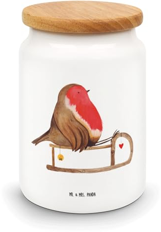 Mr. & Mrs. Panda Vorratsdose Rotkehlchen Schlitten - Geschenk, Frischhaltedosen, Advent, Weihnachten, Vogel, Keramikdose, Nikolaus, Wintermotiv,