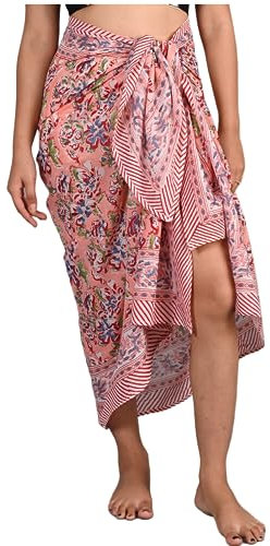 INDACORIFY 100% Coton Main Bloc imprimé Sarong Femmes Maillot de Bain Cache-cœur, Plage Bikini Jupe paréo écharpe étole châle pour Femmes (Design-9)