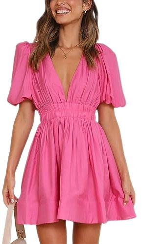 Damen Sommer Puffärmel Kurzes Minikleid Flowy Ruffle V Hals A Line Kleid Smocked Kurzes Babydoll Minikleid (Rose Red, L)