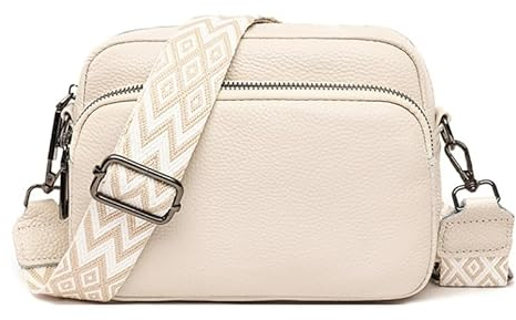 Aucuu Echtes Leder Crossbody Bag, Damen Umhängetasche Kleine, Handy Umhängetasche, Damen Kleine Umhängetasche, Echtleder Crossbody Bag mit Breiter Gurt (Weiß)